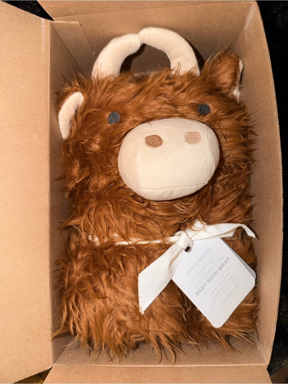 Pottery Barn Baby Highland Cow Faux Fur Hooded Bath Wrap - Rust Brown - Picture 2 of 9
